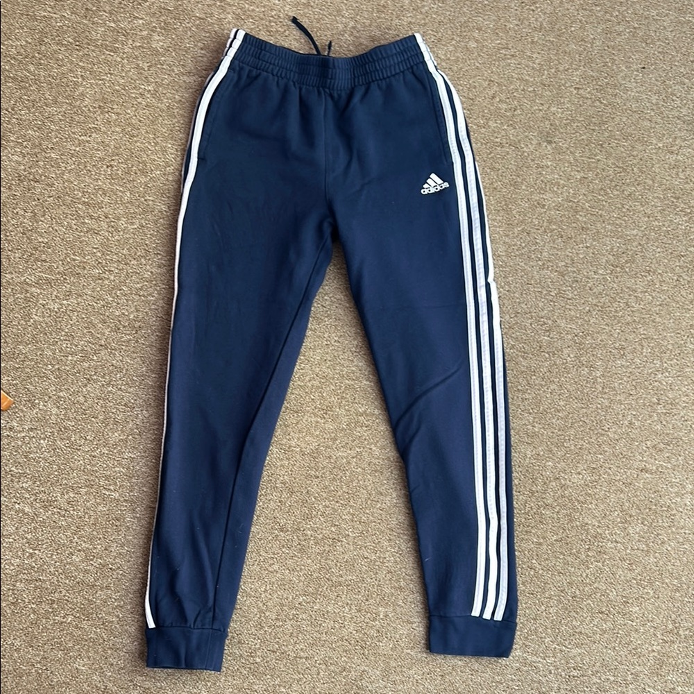 Adidas Kids (14-16) Tapered Navy Jogger Sweatpants with Signature Stripes